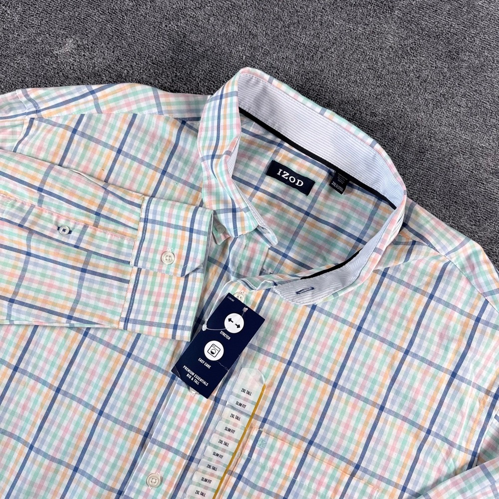 IZOD Mens 2XL Tall Slim Fit Plaid Button Down Shirt Multicolor Stretch NWT